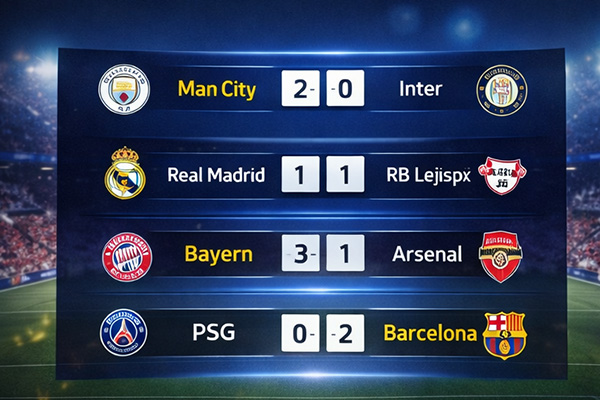 Bảng tỷ số lượt đi vòng 1/8 Cúp C1 châu Âu mới nhất hiển thị kết quả các trận đấu Champions League